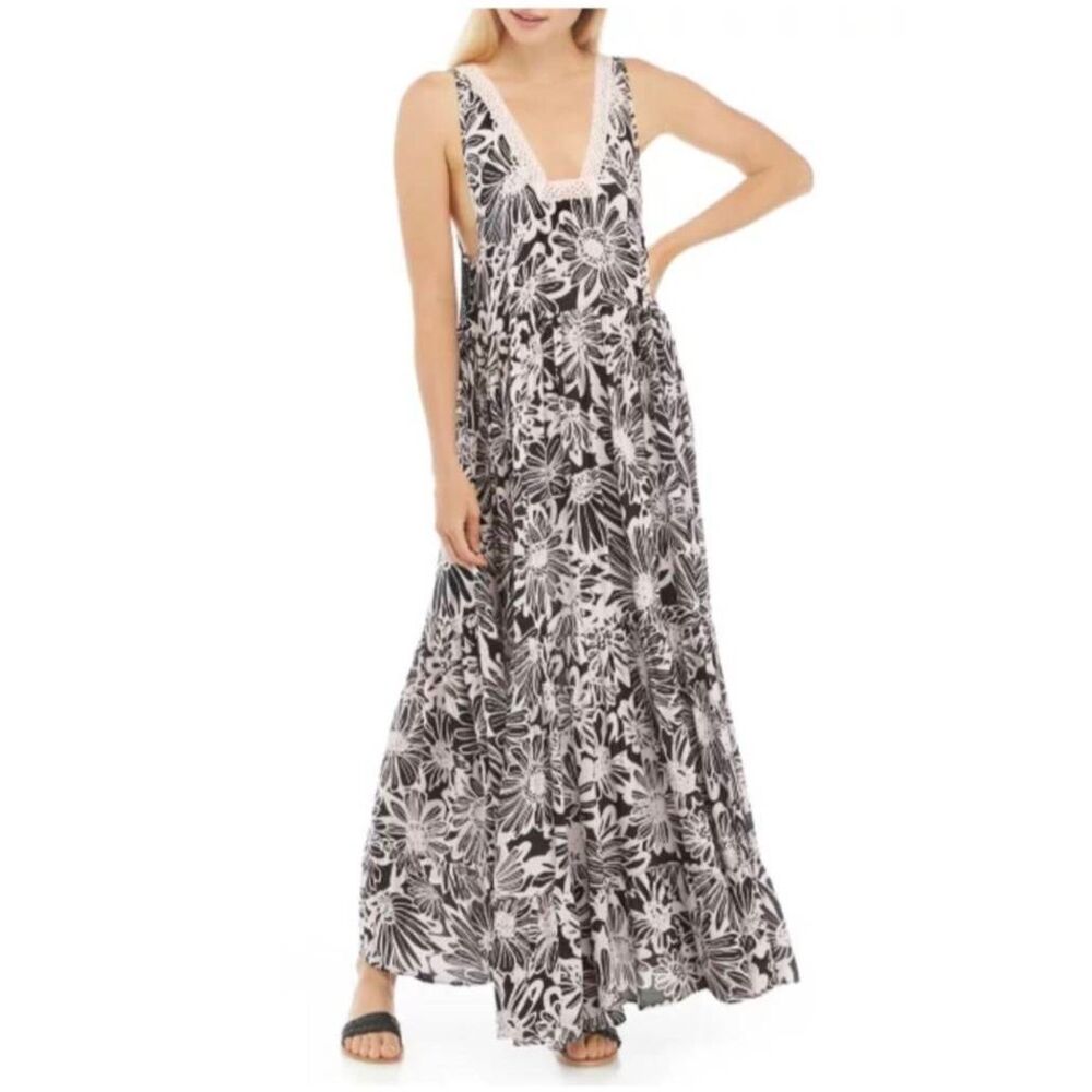 Free People Intimately Tiered For You Maxi Dress Sz S Washed Black Combo Crochet